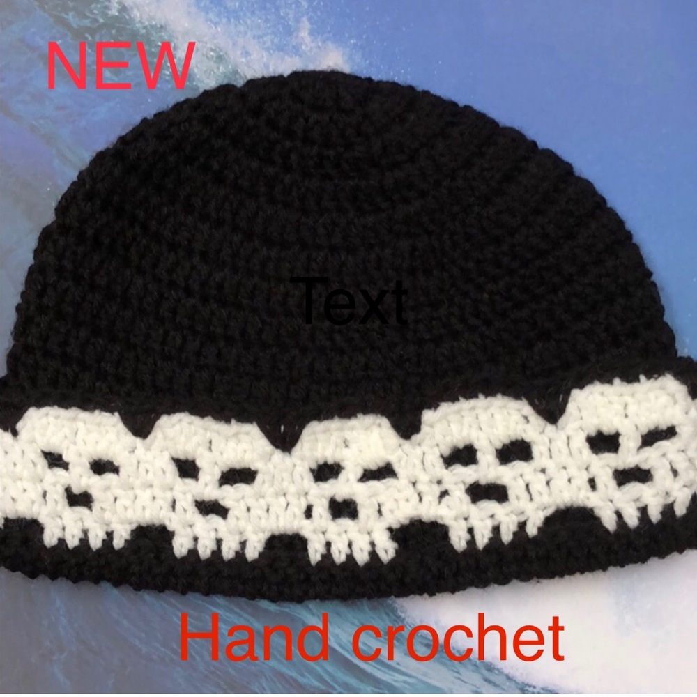 Skull winter beanie hat black white crochet handmade NWT
